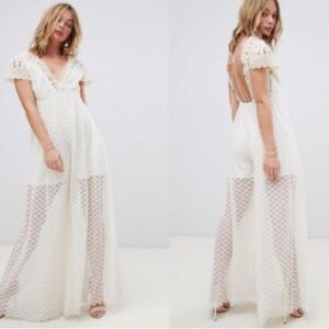 Free People Cleo Maxi Jumpsuit Lace Ruffle Cap Sleeve V-neck Wide Leg Cream S?